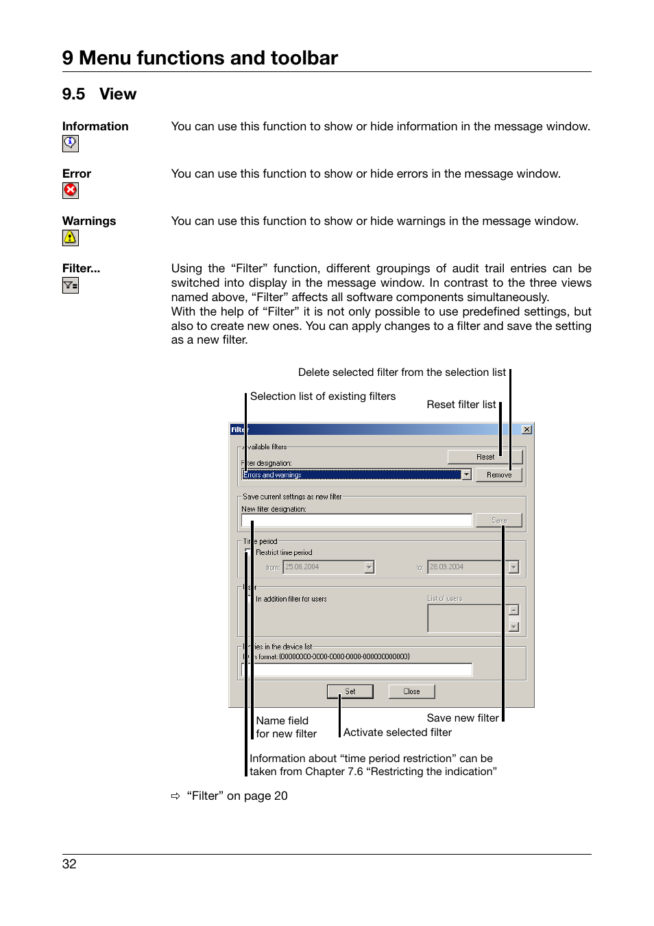 5 view, View, 9 menu functions and toolbar | JUMO PC Audit Trail Manager Software PCAT (B 70.9704.0) User Manual | Page 32 / 44