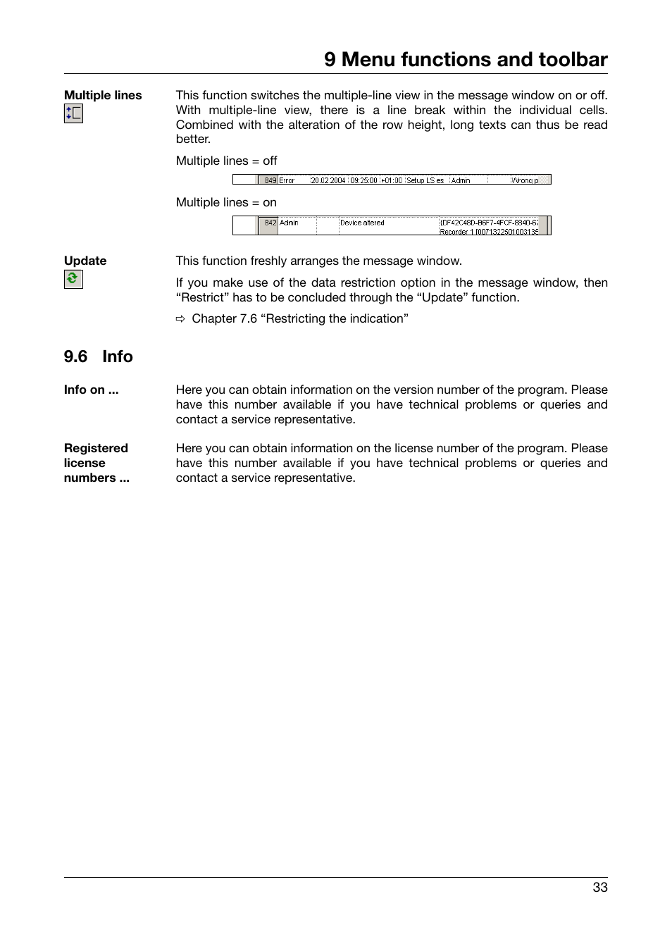 6 info, Info, 9 menu functions and toolbar | JUMO PC Audit Trail Manager Software PCAT (B 70.9704.0) User Manual | Page 33 / 44