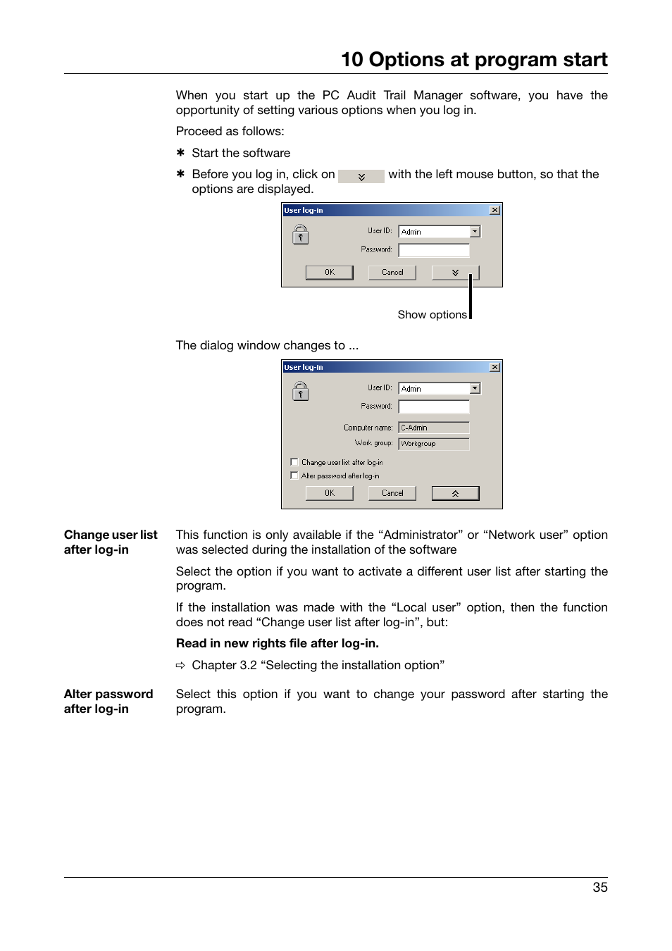 10 options at program start, Options at program start | JUMO PC Audit Trail Manager Software PCAT (B 70.9704.0) User Manual | Page 35 / 44