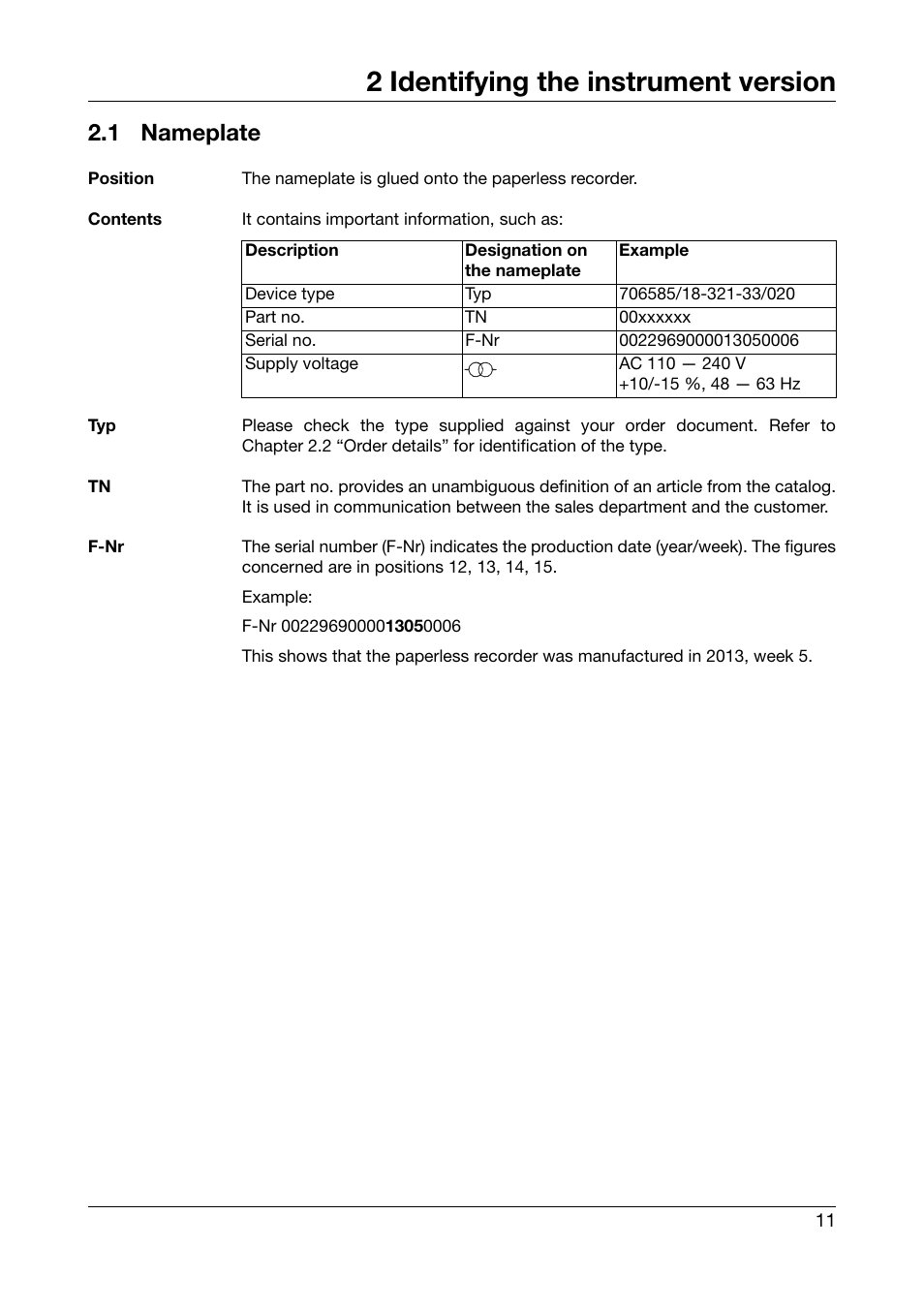 2 identifying the instrument version, 1 nameplate, Identifying the instrument version | Nameplate | JUMO 706585 LOGOSCREEN fd Recorder with diecast zinc front Installation Instructions User Manual | Page 11 / 40