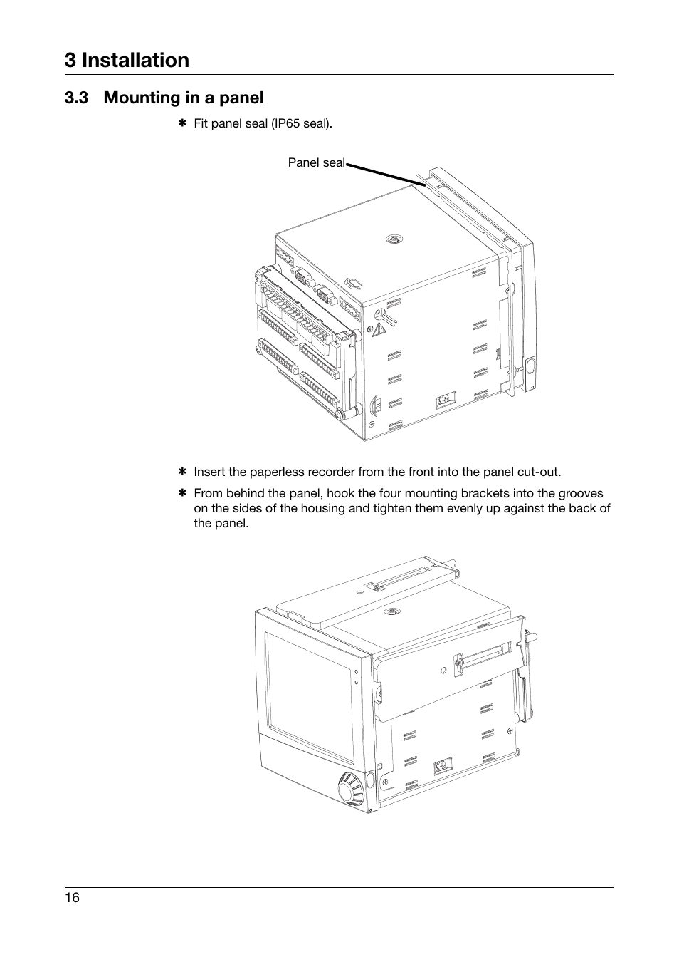 3 mounting in a panel, Mounting in a panel, 3 installation | JUMO 706585 LOGOSCREEN fd Recorder with diecast zinc front Installation Instructions User Manual | Page 16 / 40