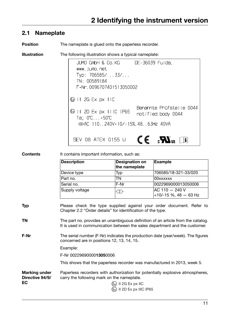 2 identifying the instrument version, 1 nameplate, Identifying the instrument version | Nameplate | JUMO 706585 LOGOSCREEN fd Recorder with stainless steel front Installation Instructions User Manual | Page 11 / 52