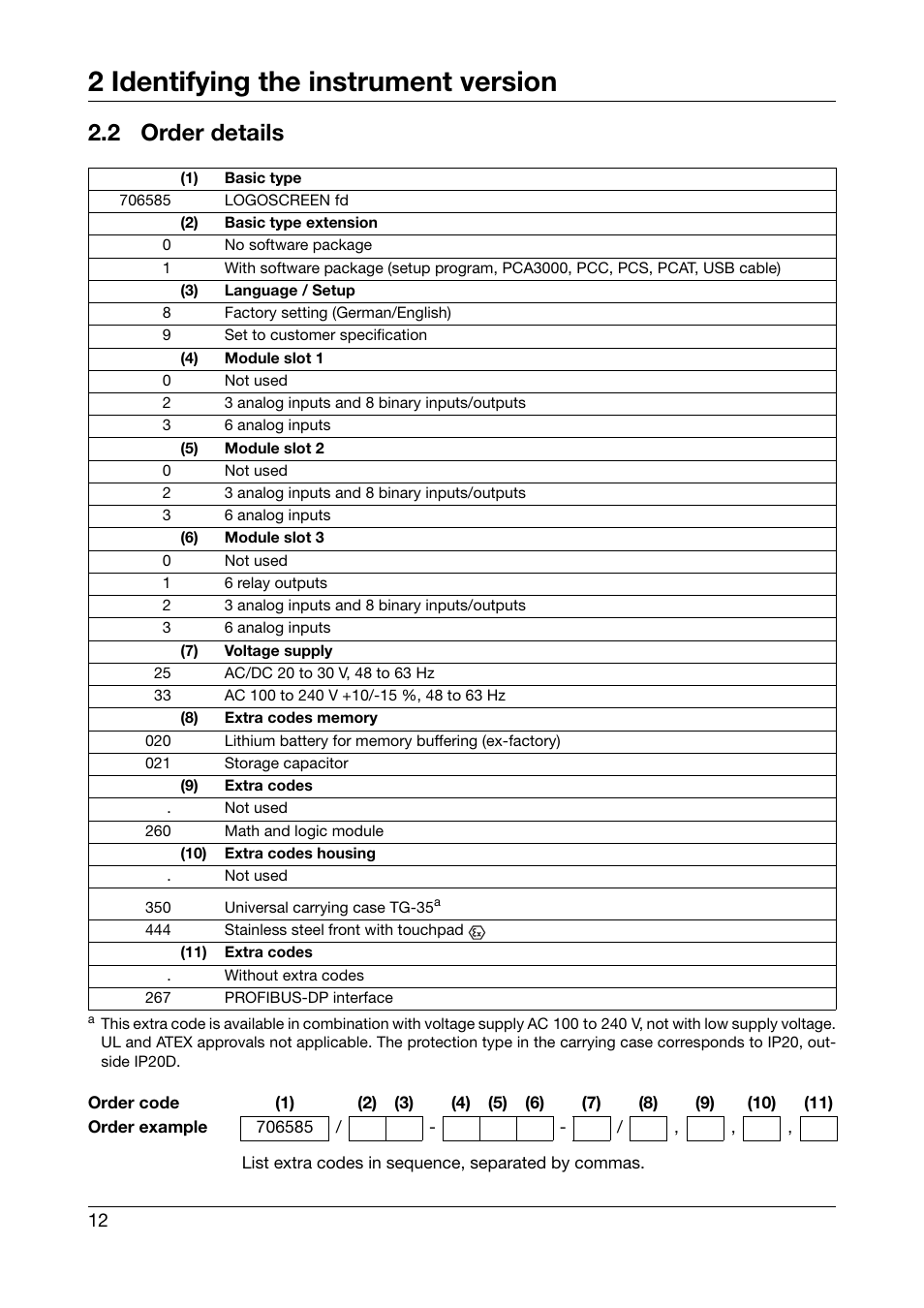 2 order details, Order details, 2 identifying the instrument version | JUMO 706585 LOGOSCREEN fd Recorder with stainless steel front Installation Instructions User Manual | Page 12 / 52