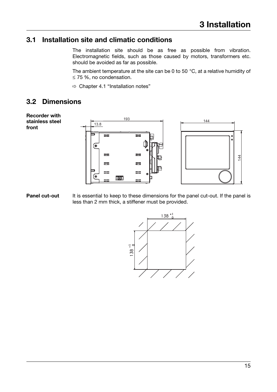 3 installation, 1 installation site and climatic conditions, 2 dimensions | Installation, Installation site and climatic conditions, Dimensions | JUMO 706585 LOGOSCREEN fd Recorder with stainless steel front Installation Instructions User Manual | Page 15 / 52