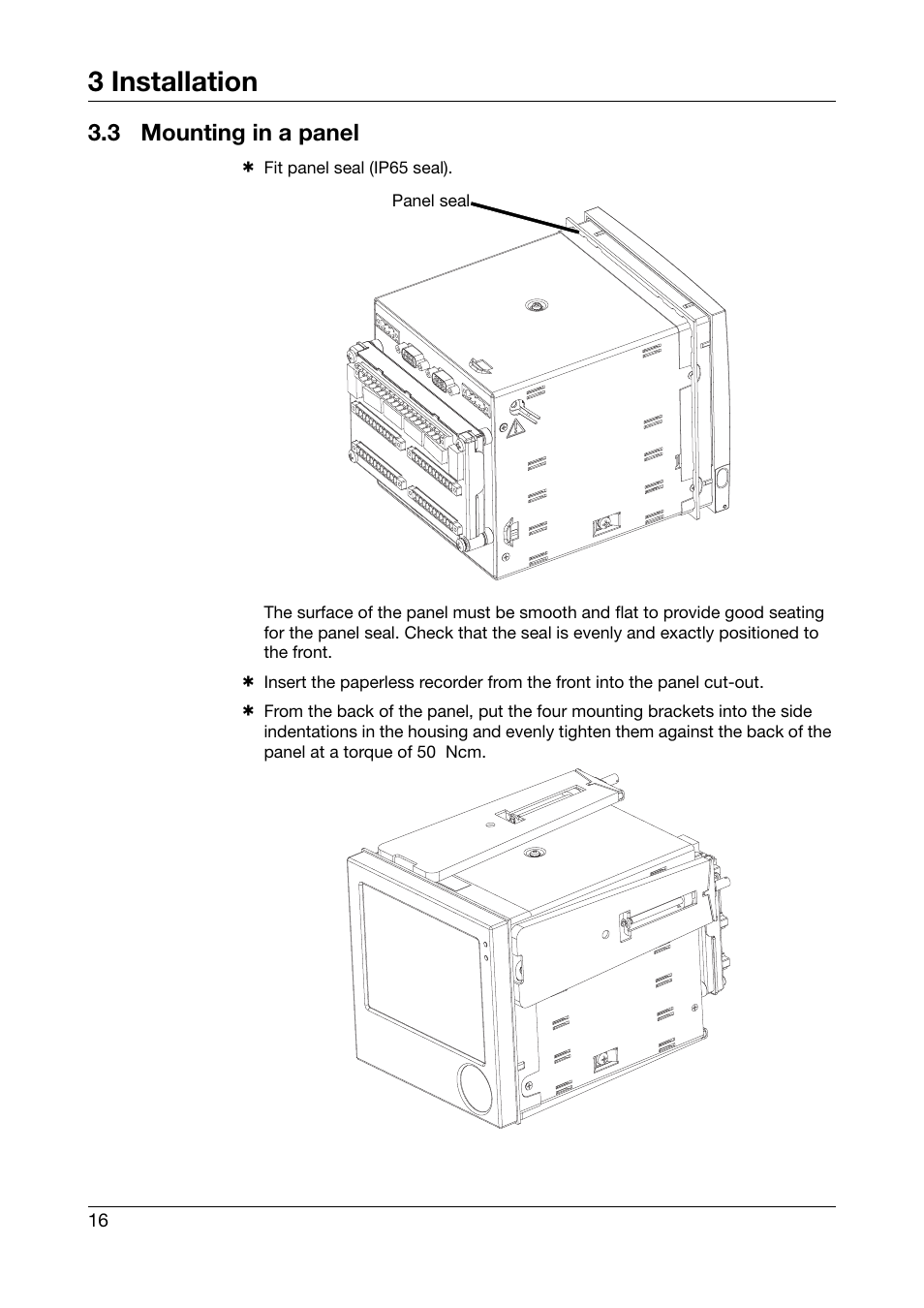 3 mounting in a panel, Mounting in a panel, 3 installation | JUMO 706585 LOGOSCREEN fd Recorder with stainless steel front Installation Instructions User Manual | Page 16 / 52