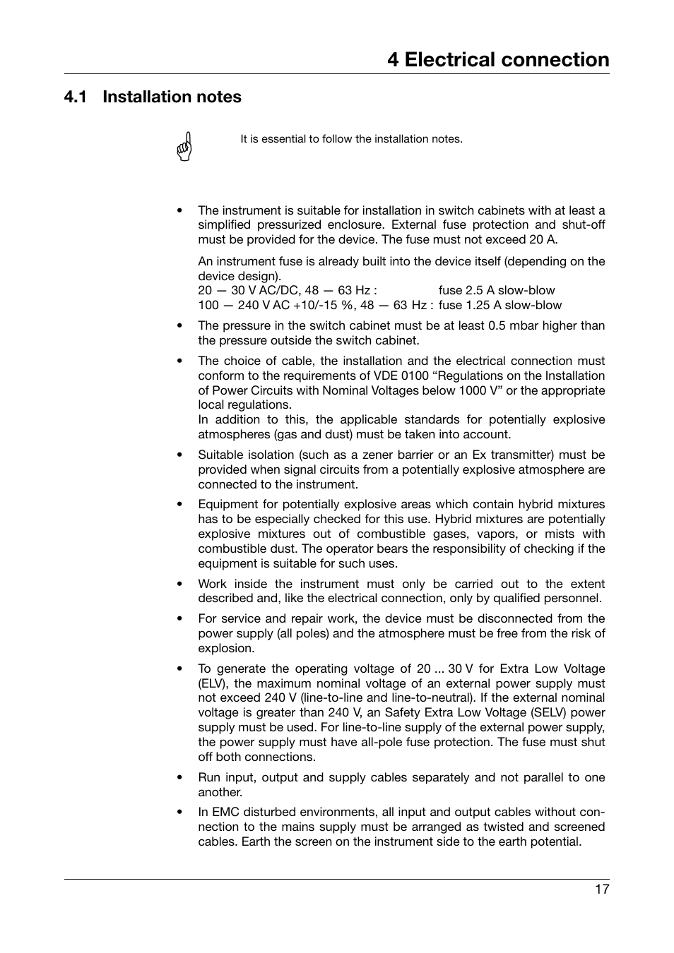 4 electrical connection, 1 installation notes, Electrical connection | Installation notes | JUMO 706585 LOGOSCREEN fd Recorder with stainless steel front Installation Instructions User Manual | Page 17 / 52