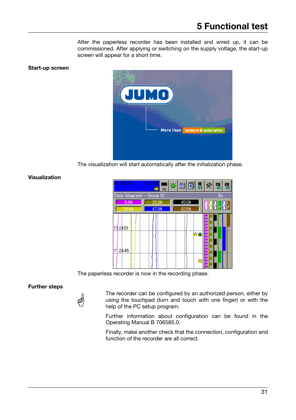 5 functional test, Functional test | JUMO 706585 LOGOSCREEN fd Recorder with stainless steel front Installation Instructions User Manual | Page 31 / 52