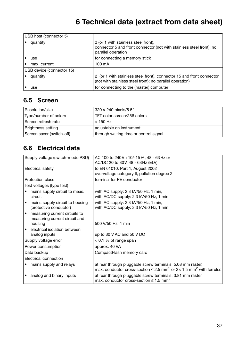 5 screen, 6 electrical data, Screen | Electrical data, 6 technical data (extract from data sheet), 5 screen 6.6 electrical data | JUMO 706585 LOGOSCREEN fd Recorder with stainless steel front Installation Instructions User Manual | Page 37 / 52