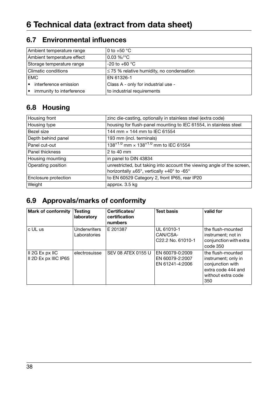 7 environmental influences, 8 housing, 9 approvals/marks of conformity | Environmental influences, Housing, Approvals/marks of conformity, 6 technical data (extract from data sheet) | JUMO 706585 LOGOSCREEN fd Recorder with stainless steel front Installation Instructions User Manual | Page 38 / 52