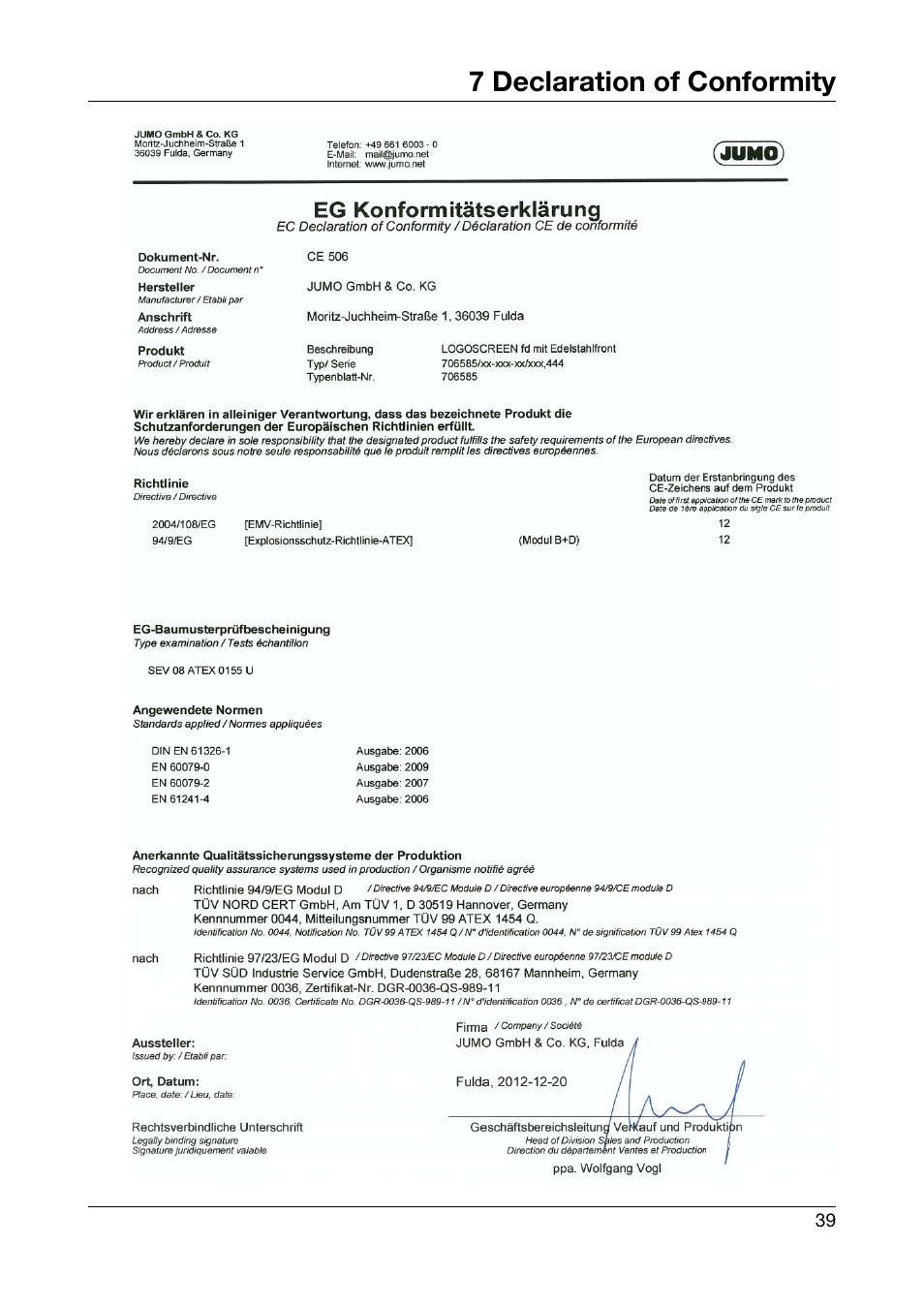 7 declaration of conformity, Declaration of conformity | JUMO 706585 LOGOSCREEN fd Recorder with stainless steel front Installation Instructions User Manual | Page 39 / 52