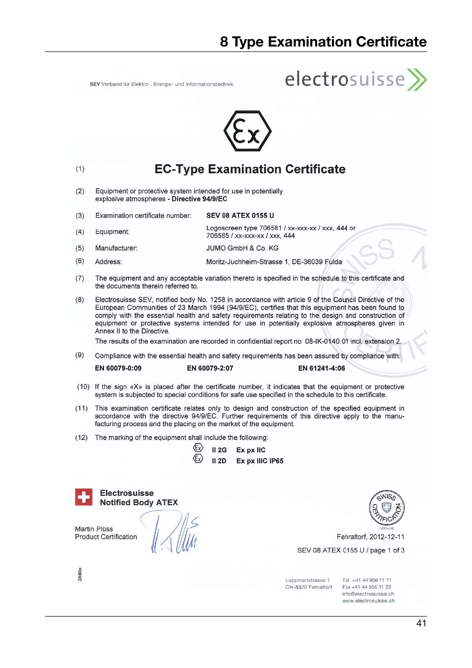 8 type examination certificate, Type examination certificate | JUMO 706585 LOGOSCREEN fd Recorder with stainless steel front Installation Instructions User Manual | Page 41 / 52