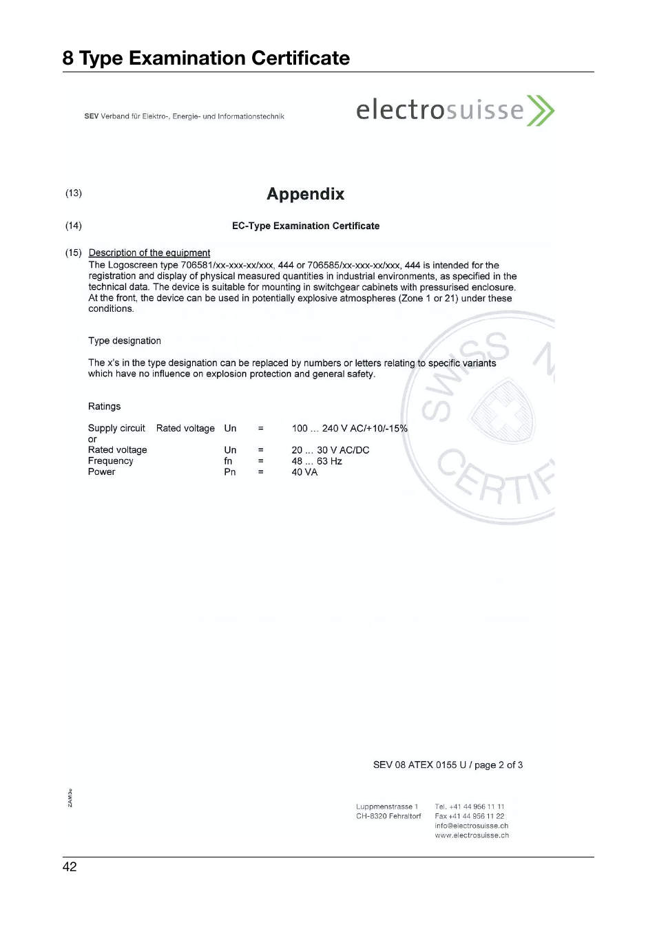 8 type examination certificate | JUMO 706585 LOGOSCREEN fd Recorder with stainless steel front Installation Instructions User Manual | Page 42 / 52