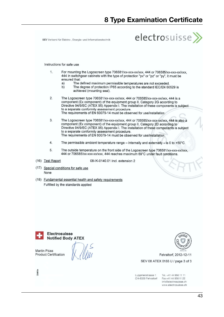 8 type examination certificate | JUMO 706585 LOGOSCREEN fd Recorder with stainless steel front Installation Instructions User Manual | Page 43 / 52