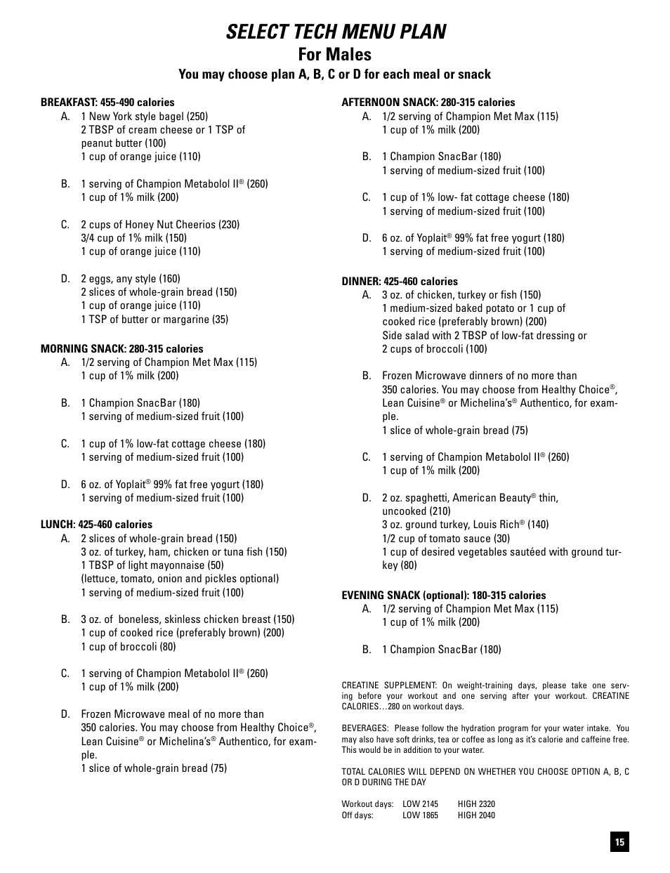Select tech menu plan, For males | Bowflex SelectTech BD1090 User Manual | Page 17 / 40