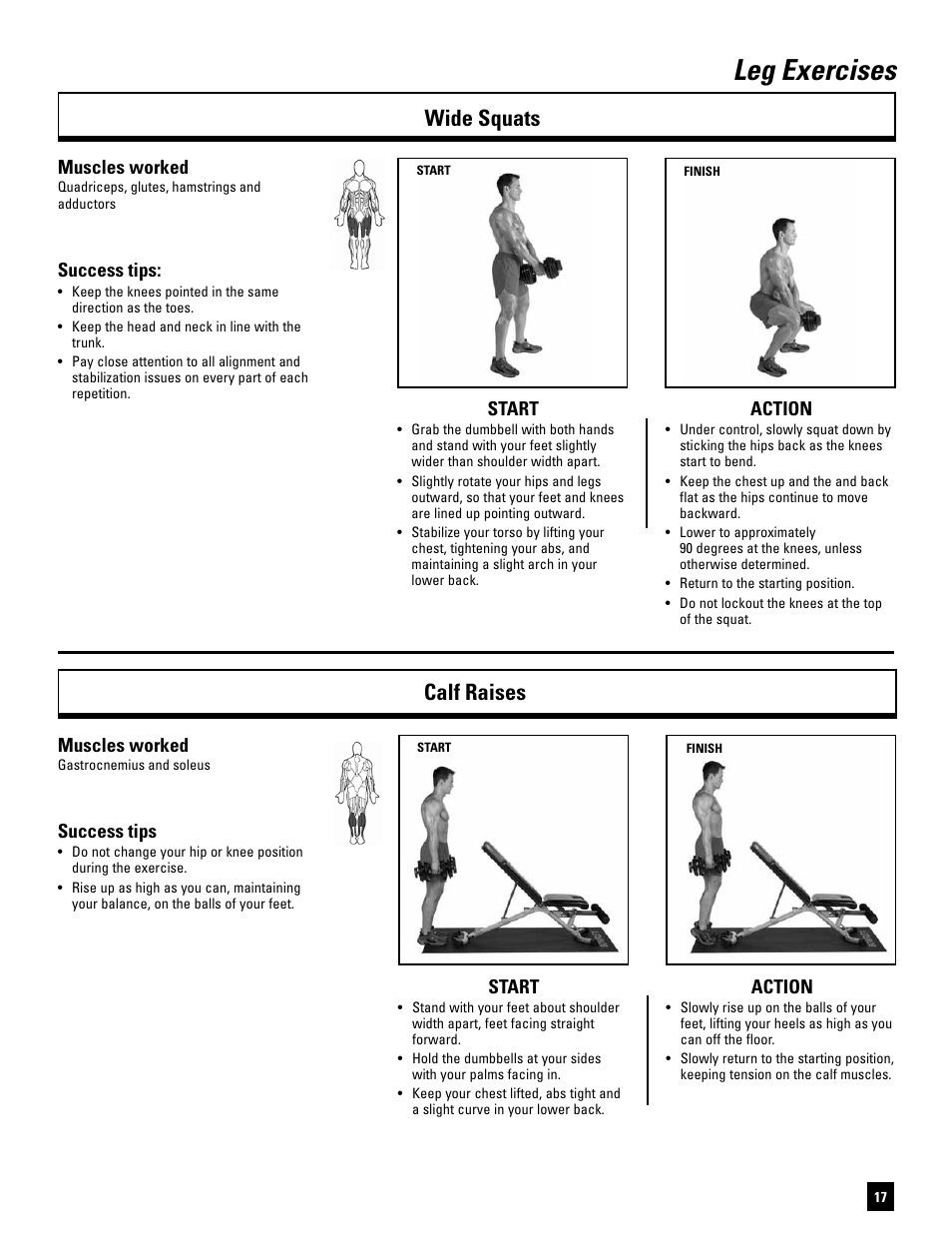Leg exercises, Wide squats, Calf raises | Start action, Muscles worked, Success tips | Bowflex SelectTech BD1090 User Manual | Page 19 / 40