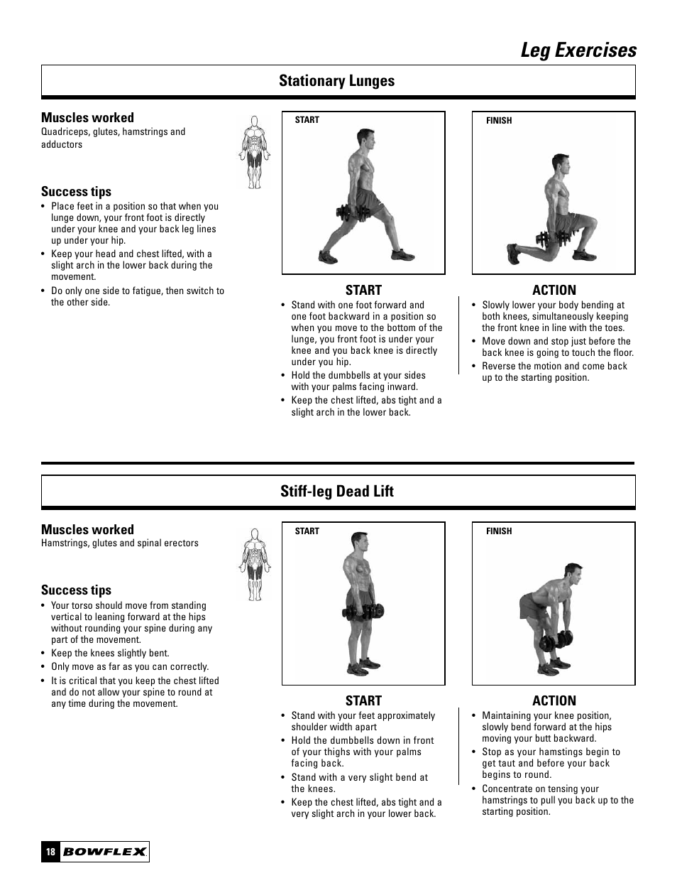 Leg exercises, Stationary lunges stiff-leg dead lift, Start action | Muscles worked, Success tips | Bowflex SelectTech BD1090 User Manual | Page 20 / 40
