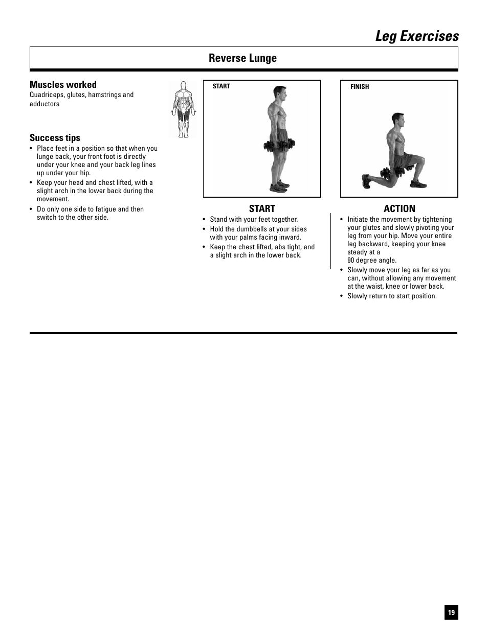 Leg exercises, Reverse lunge, Start action | Muscles worked, Success tips | Bowflex SelectTech BD1090 User Manual | Page 21 / 40