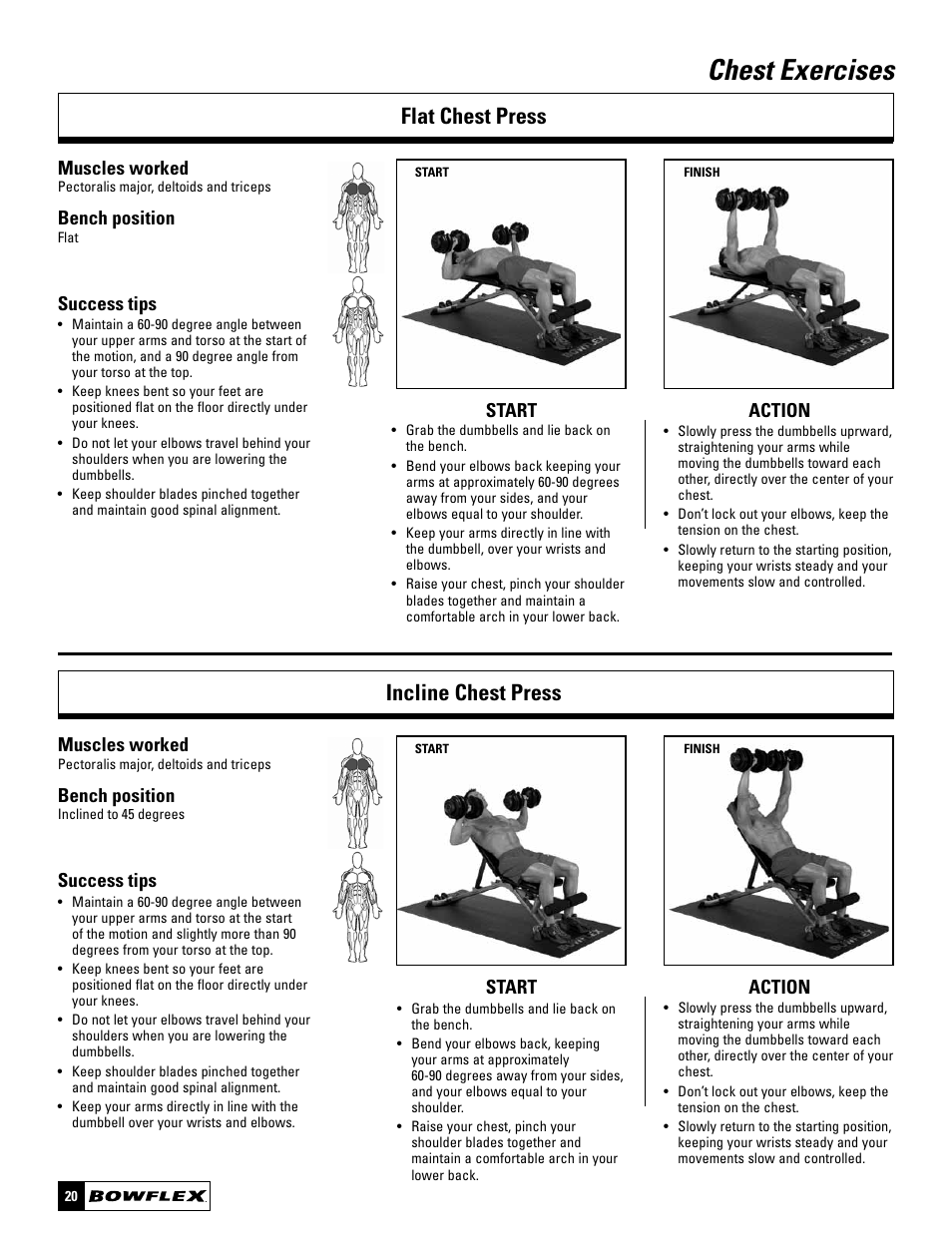 Chest exercises, Flat chest press incline chest press, Start action muscles worked | Bench position, Success tips | Bowflex SelectTech BD1090 User Manual | Page 22 / 40