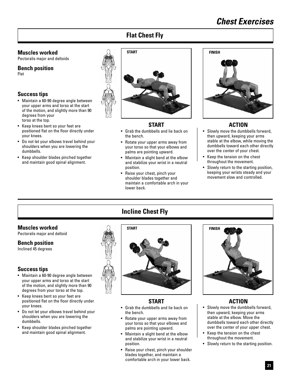 Chest exercises, Flat chest fly incline chest fly, Start action | Muscles worked, Bench position, Success tips | Bowflex SelectTech BD1090 User Manual | Page 23 / 40