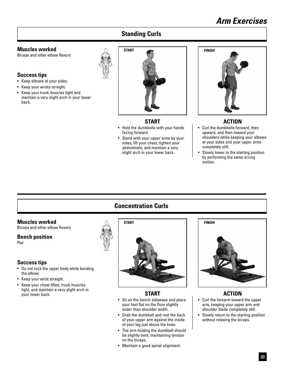 Arm exercises, Standing curls concentration curls, Start action | Muscles worked, Success tips, Bench position | Bowflex SelectTech BD1090 User Manual | Page 25 / 40