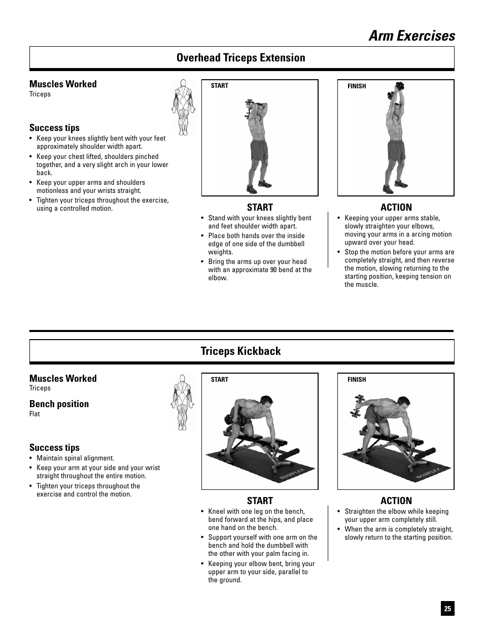 Arm exercises, Overhead triceps extension triceps kickback, Start action | Muscles worked, Success tips, Bench position | Bowflex SelectTech BD1090 User Manual | Page 27 / 40