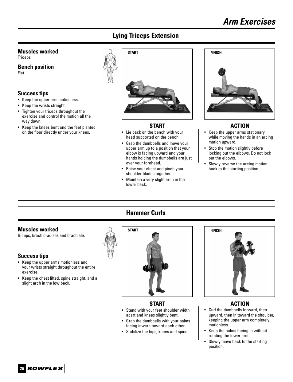 Arm exercises, Lying triceps extension hammer curls, Start action | Muscles worked, Bench position, Success tips | Bowflex SelectTech BD1090 User Manual | Page 28 / 40