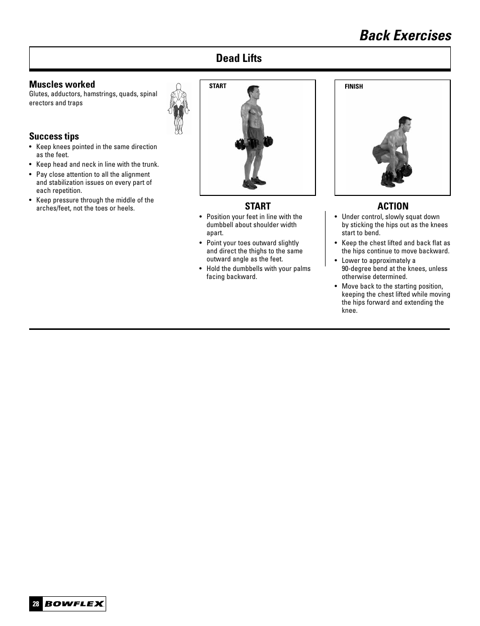 Back exercises, Dead lifts, Start action | Muscles worked, Success tips | Bowflex SelectTech BD1090 User Manual | Page 30 / 40