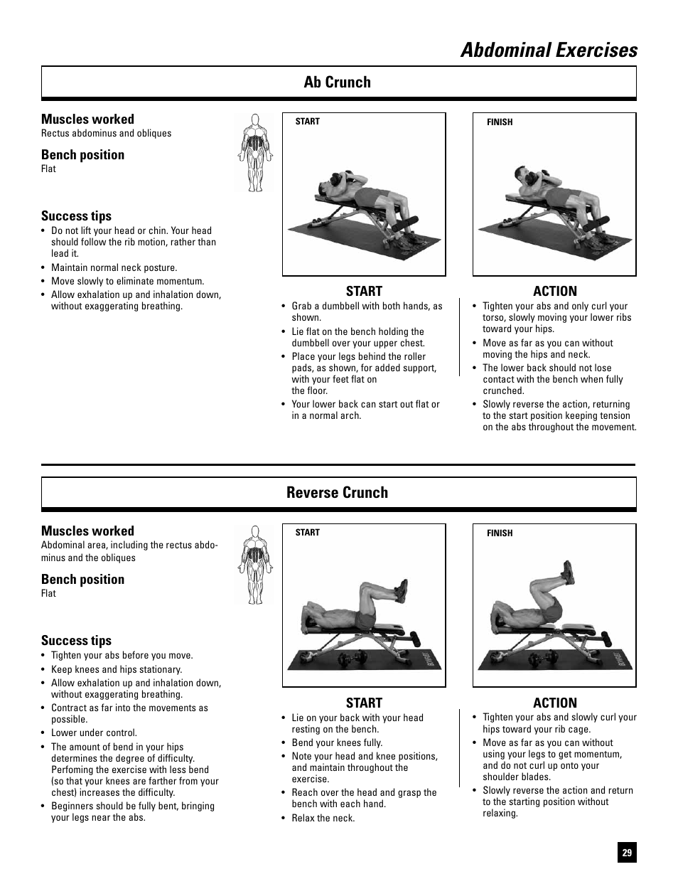 Abdominal exercises, Ab crunch reverse crunch, Start action | Muscles worked, Bench position, Success tips | Bowflex SelectTech BD1090 User Manual | Page 31 / 40