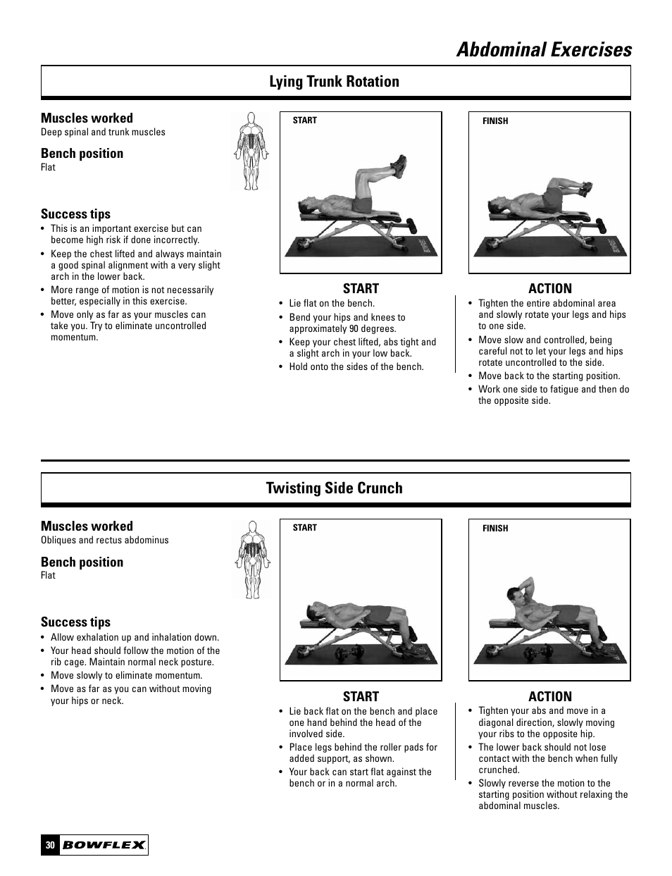 Abdominal exercises, Lying trunk rotation twisting side crunch, Start action | Muscles worked, Bench position, Success tips | Bowflex SelectTech BD1090 User Manual | Page 32 / 40
