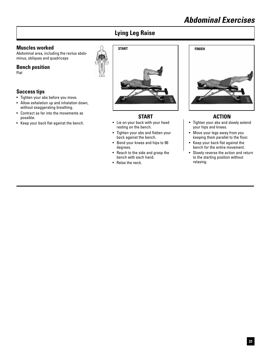 Abdominal exercises, Lying leg raise, Start action | Muscles worked, Bench position, Success tips | Bowflex SelectTech BD1090 User Manual | Page 33 / 40