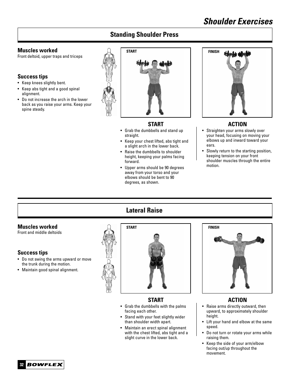 Shoulder exercises, Standing shoulder press lateral raise, Start action | Muscles worked, Success tips | Bowflex SelectTech BD1090 User Manual | Page 34 / 40