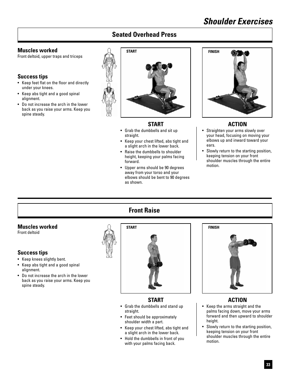 Shoulder exercises, Seated overhead press front raise, Start action | Muscles worked, Success tips | Bowflex SelectTech BD1090 User Manual | Page 35 / 40