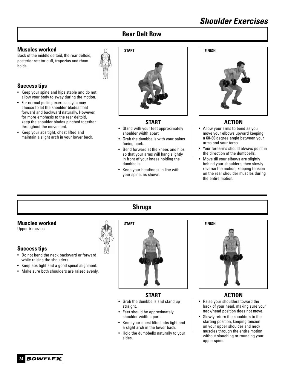Shoulder exercises, Rear delt row shrugs, Start action | Muscles worked, Success tips | Bowflex SelectTech BD1090 User Manual | Page 36 / 40