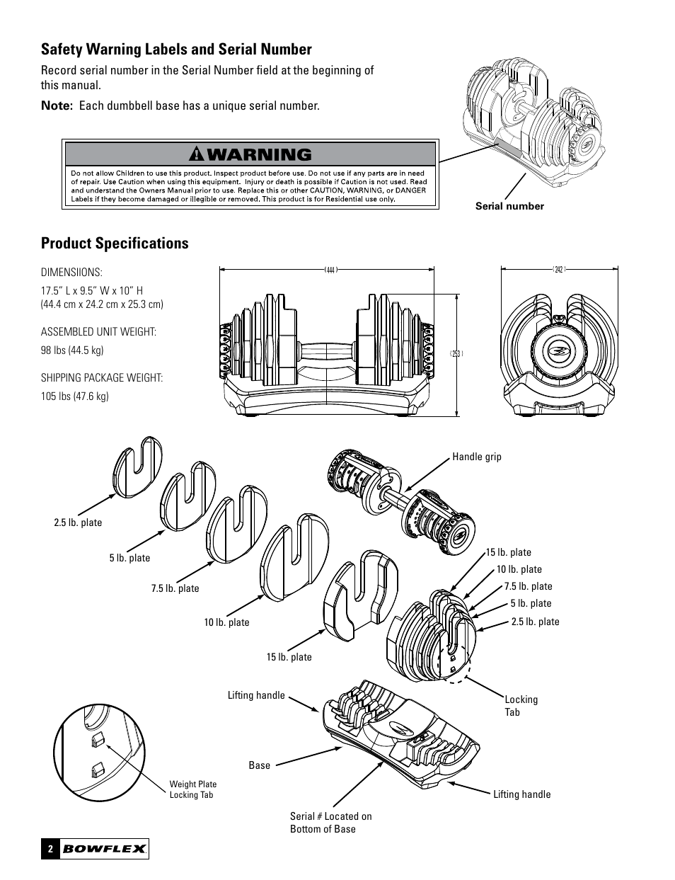 Product specifications, Safety warning labels and serial number | Bowflex SelectTech BD1090 User Manual | Page 4 / 40