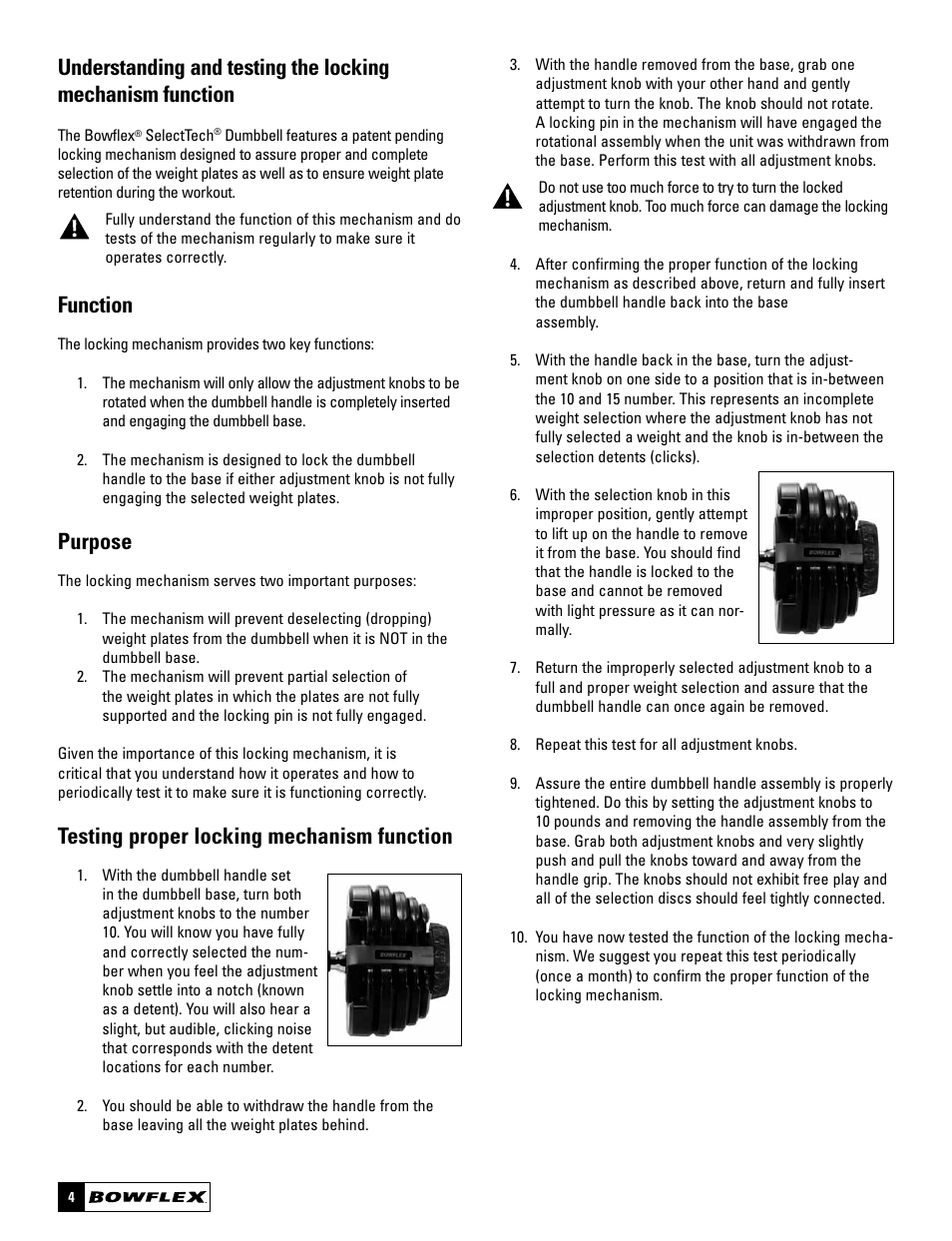 Function, Purpose, Testing proper locking mechanism function | Bowflex SelectTech BD1090 User Manual | Page 6 / 40