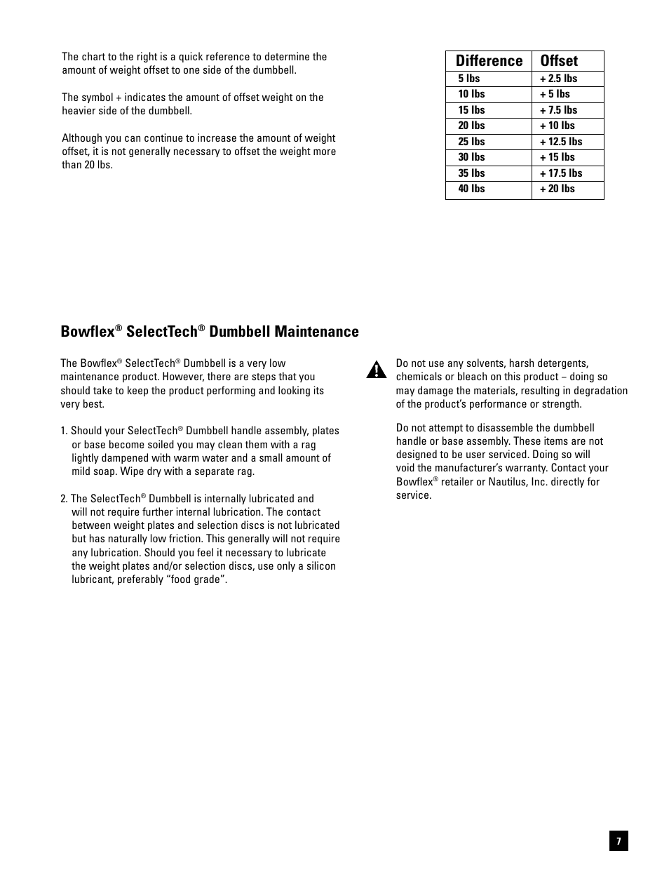 Difference offset, Bowflex, Selecttech | Dumbbell maintenance | Bowflex SelectTech BD1090 User Manual | Page 9 / 40