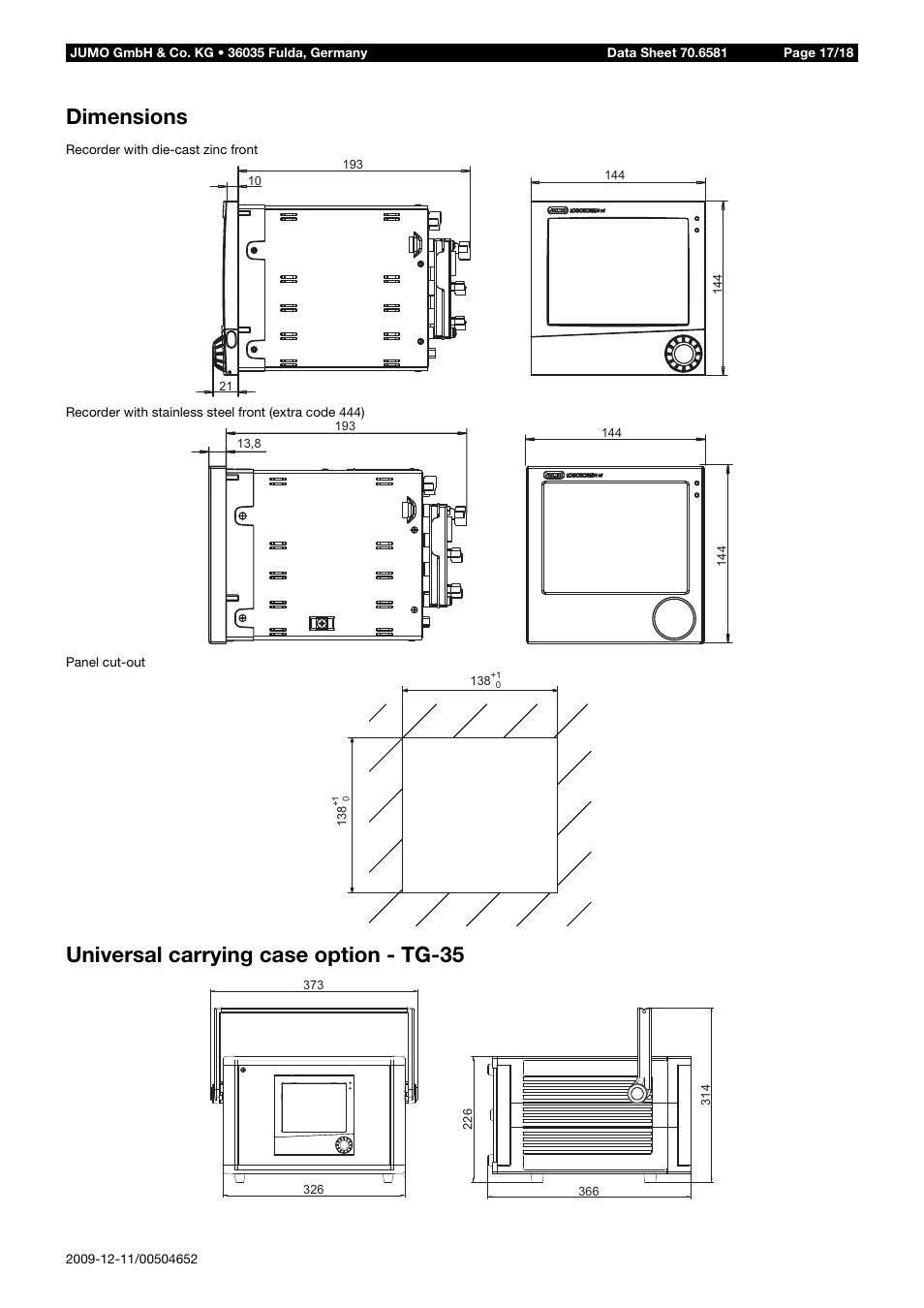 Dimensions, Universal carrying case option - tg-35 | JUMO 706581 LOGOSCREEN nt Data Sheet User Manual | Page 17 / 18