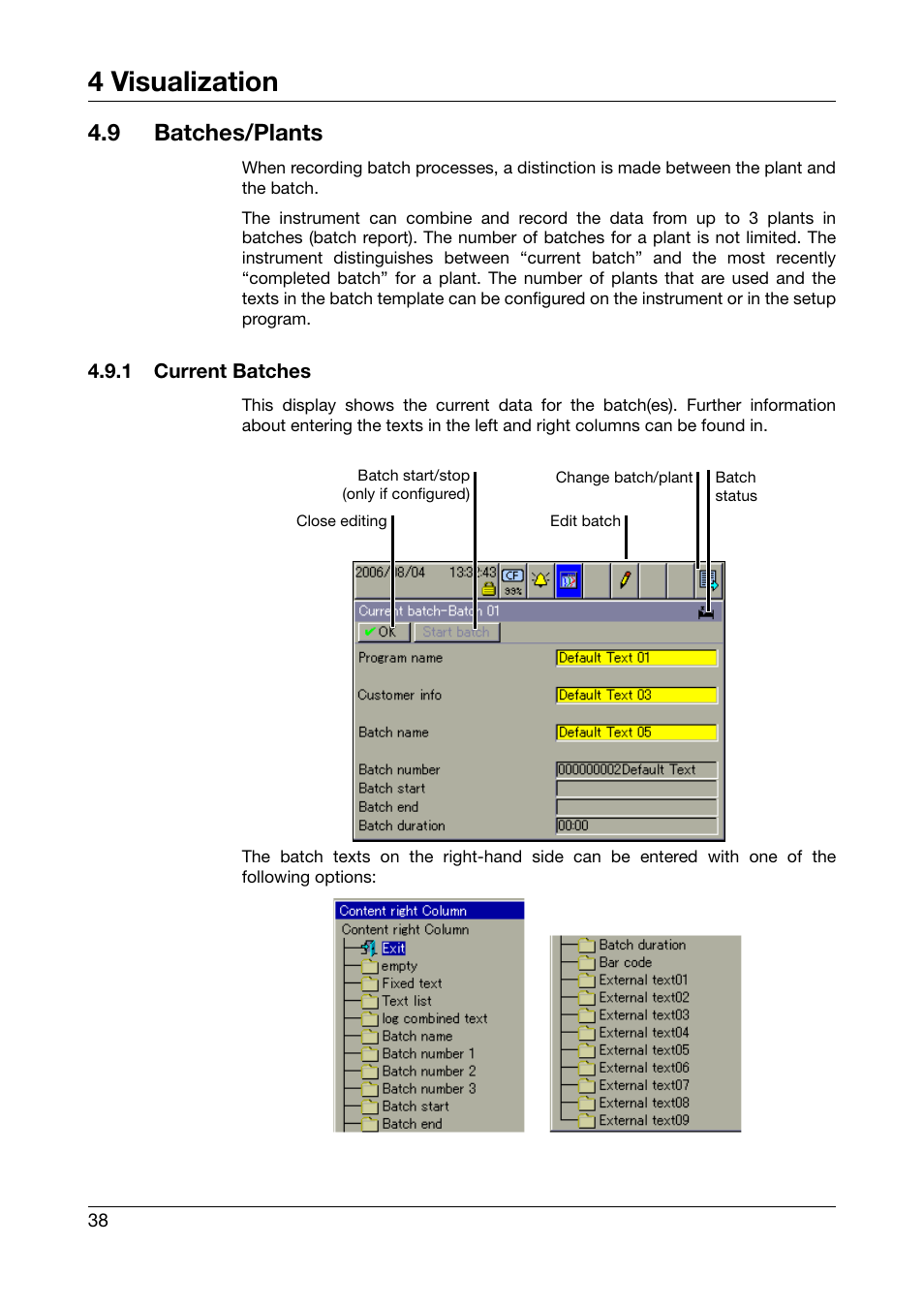 9 batches/plants, 1 current batches, Batches/plants | Current batches, Chapter 4.9, 4 visualization | JUMO 706581 LOGOSCREEN nt Operating Instructions User Manual | Page 38 / 108