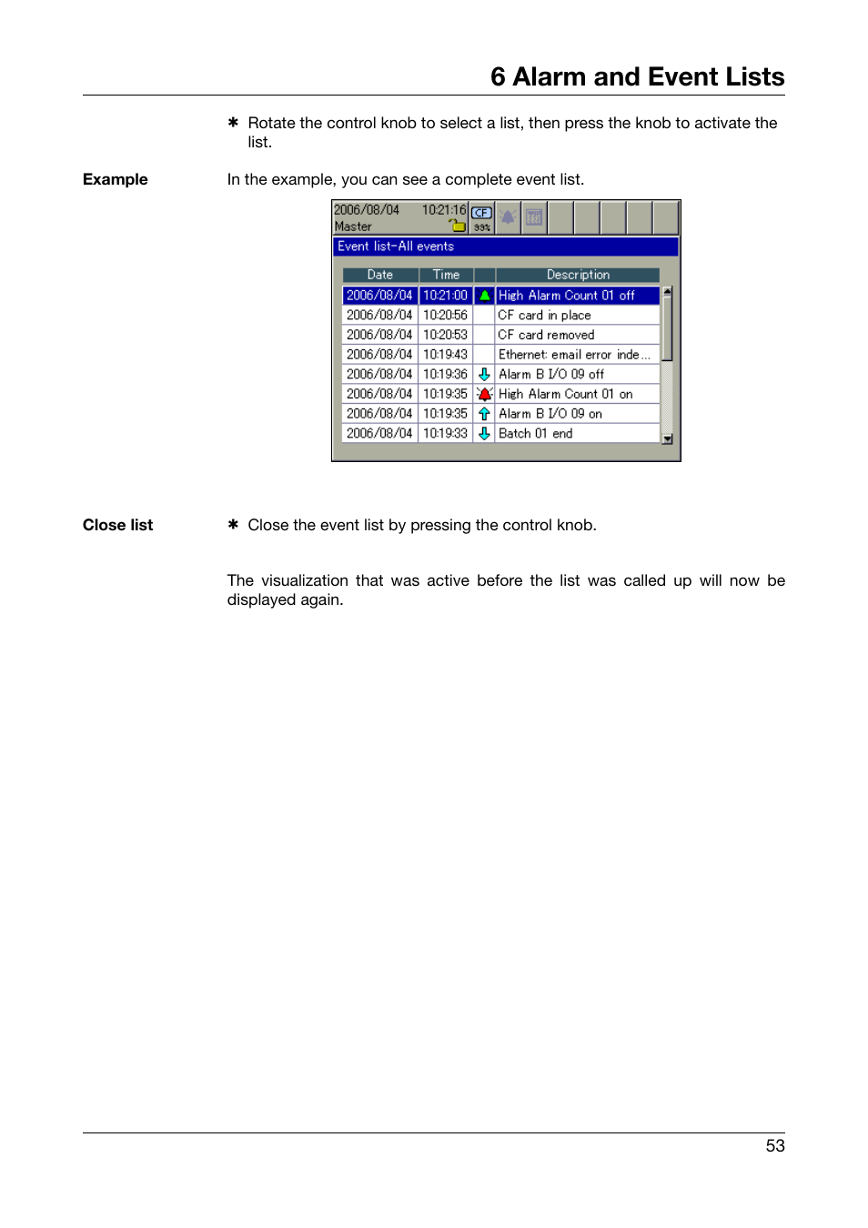 6 alarm and event lists | JUMO 706581 LOGOSCREEN nt Operating Instructions User Manual | Page 53 / 108