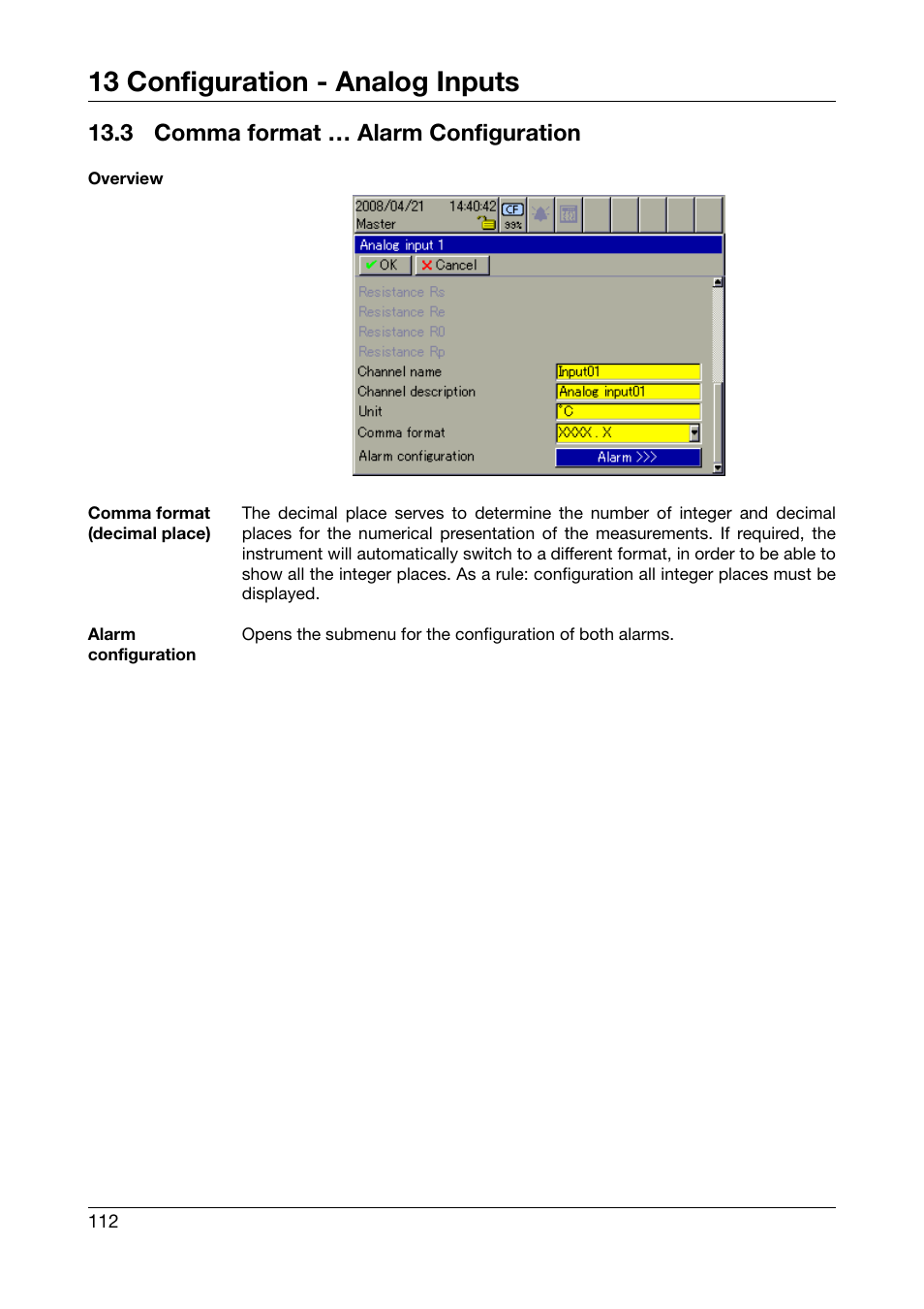 3 comma format … alarm configuration, Comma format … alarm configuration, 13 configuration - analog inputs | JUMO 706581 LOGOSCREEN nt Operating Manual User Manual | Page 112 / 224