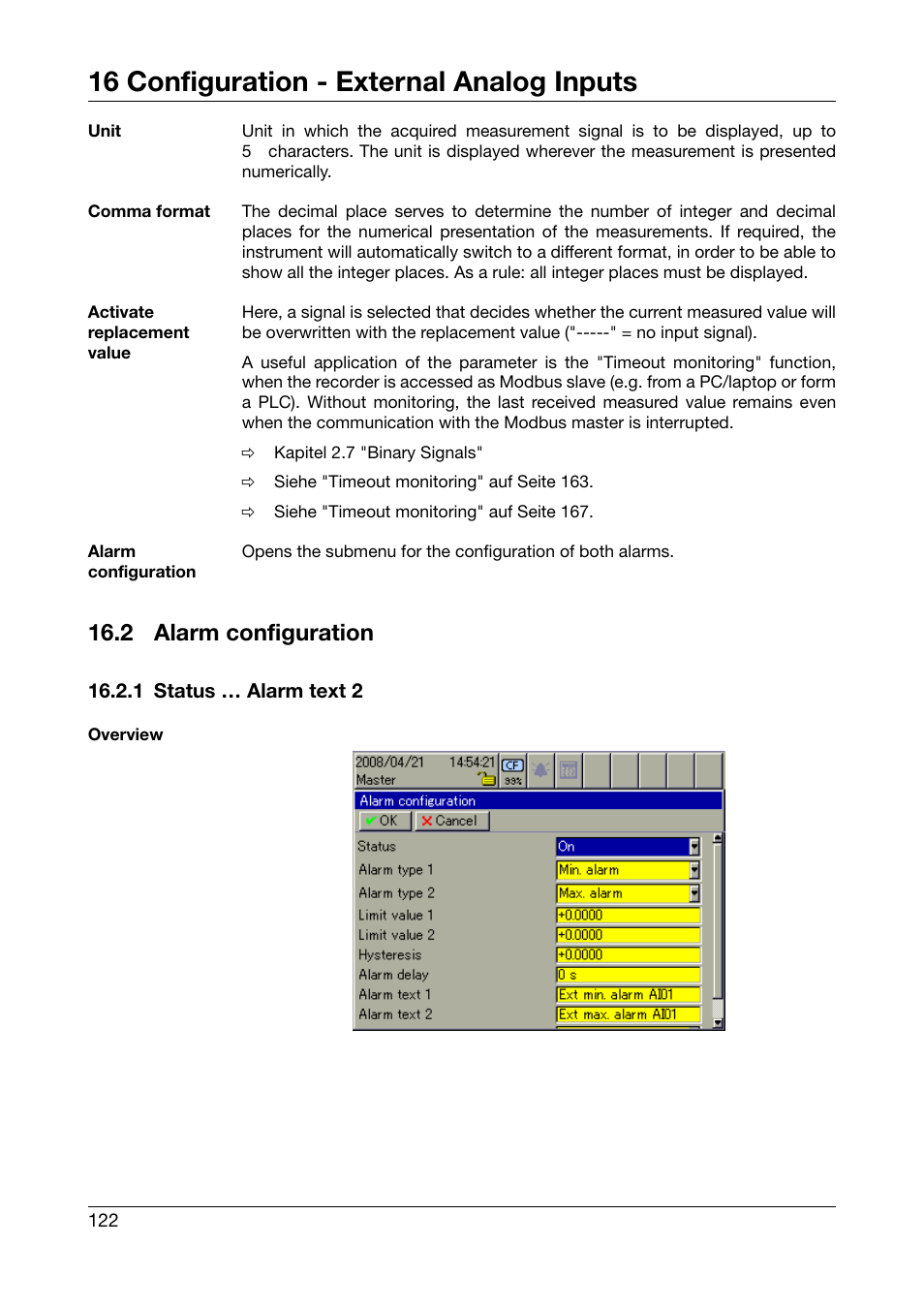 2 alarm configuration, 1 status … alarm text 2, Alarm configuration | 16 configuration - external analog inputs | JUMO 706581 LOGOSCREEN nt Operating Manual User Manual | Page 122 / 224