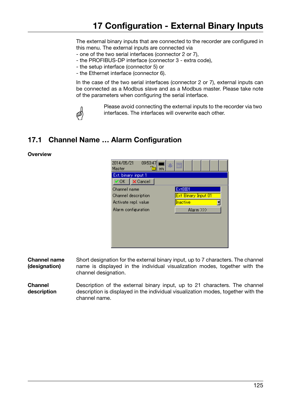 17 configuration - external binary inputs, 1 channel name … alarm configuration, Configuration - external binary inputs | Channel name … alarm configuration, Chapter 17 "configuration - external binary inputs | JUMO 706581 LOGOSCREEN nt Operating Manual User Manual | Page 125 / 224