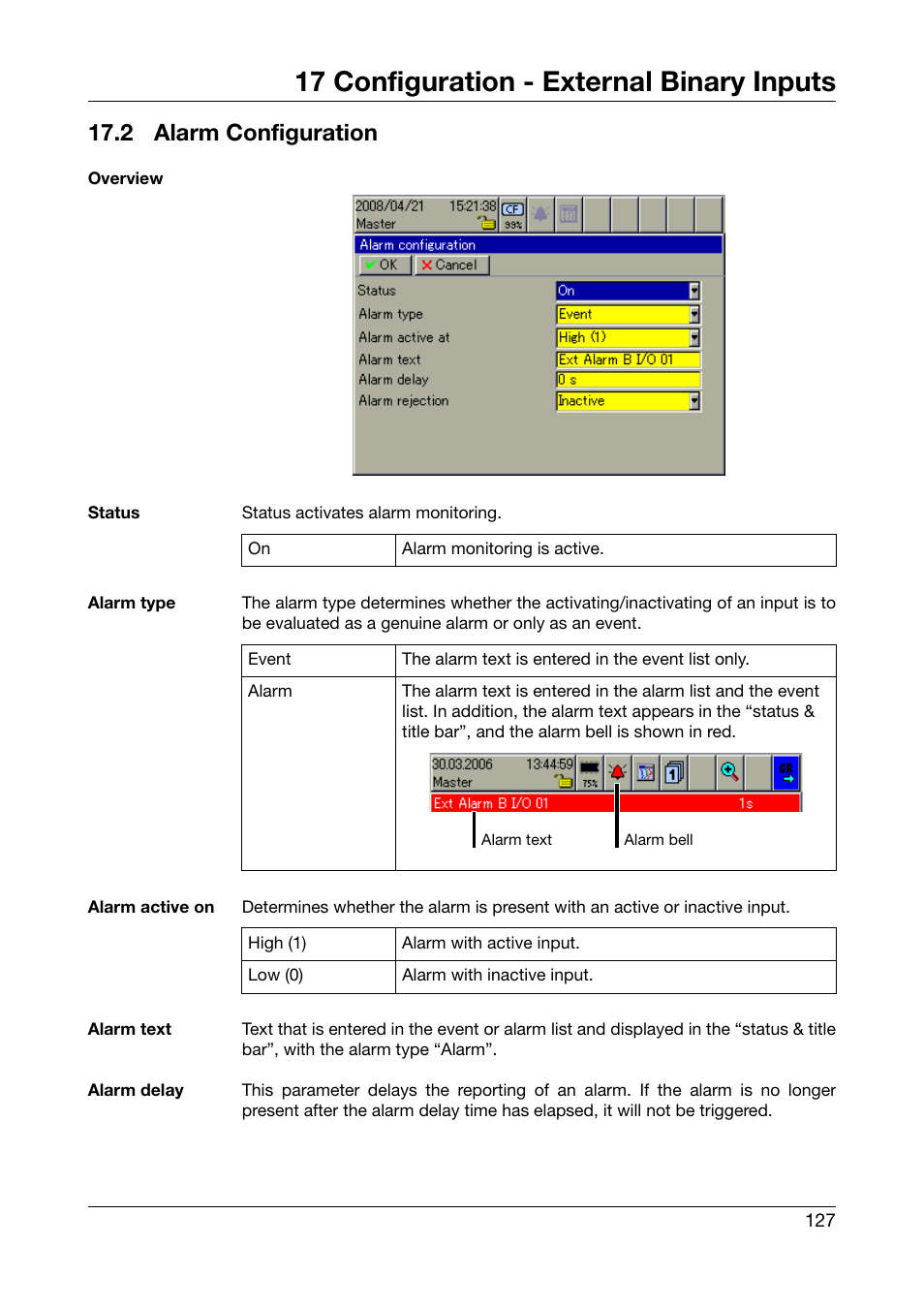 2 alarm configuration, Alarm configuration, Chapter 17.2 "alarm configuration | 17 configuration - external binary inputs | JUMO 706581 LOGOSCREEN nt Operating Manual User Manual | Page 127 / 224