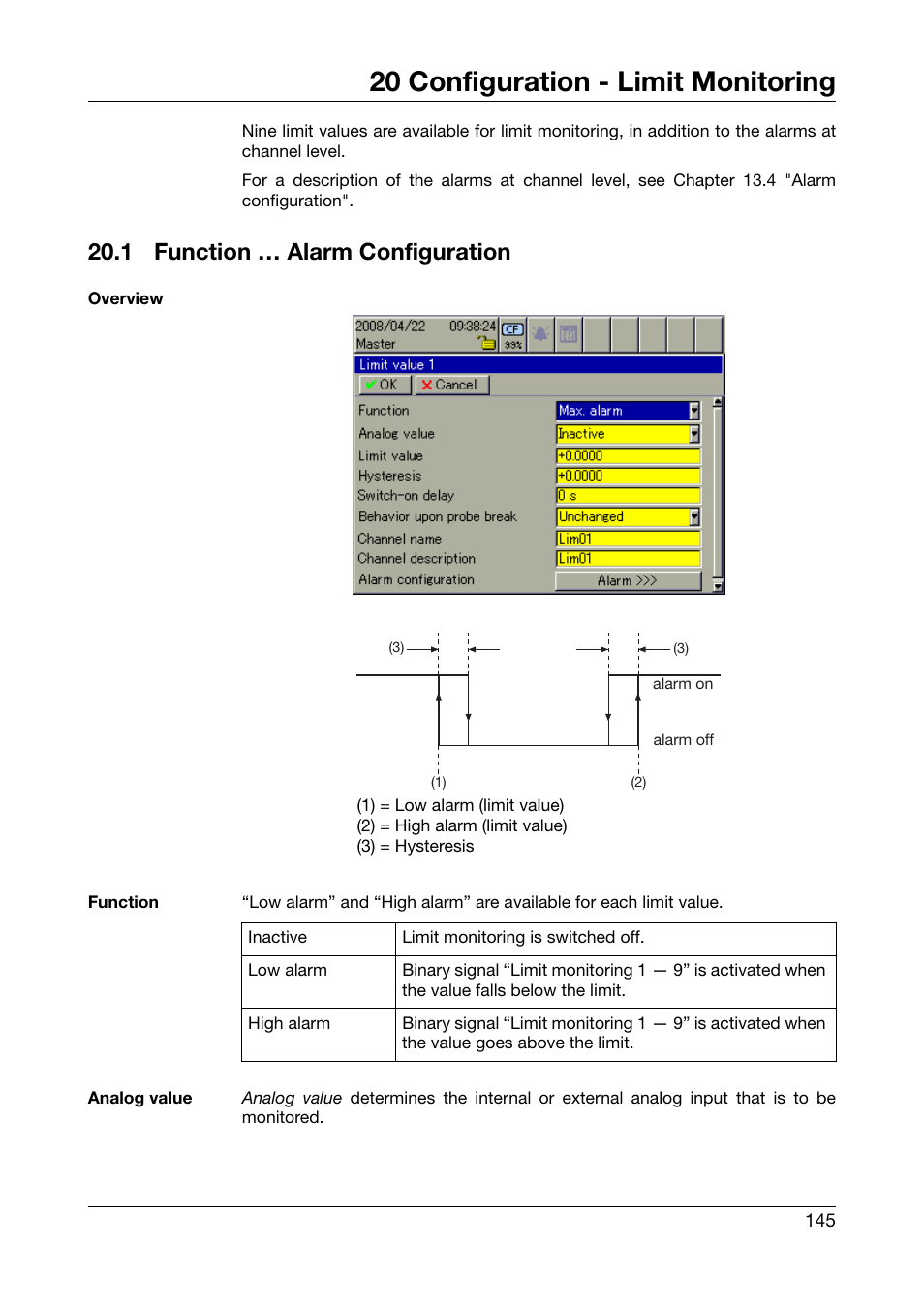 20 configuration - limit monitoring, 1 function … alarm configuration, Configuration - limit monitoring | Function … alarm configuration, Chapter 20 "configuration - limit monitoring | JUMO 706581 LOGOSCREEN nt Operating Manual User Manual | Page 145 / 224