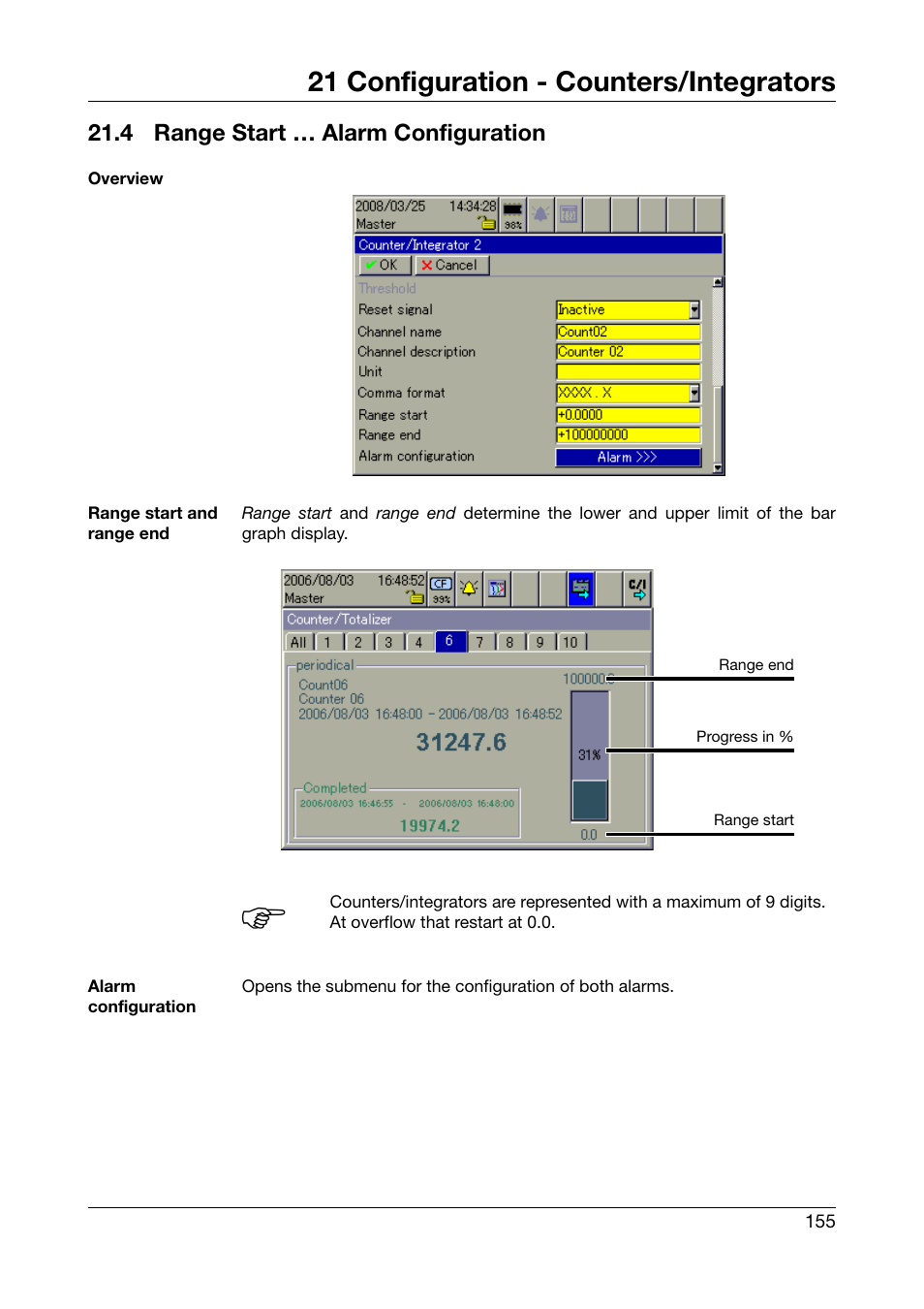 4 range start … alarm configuration, Range start … alarm configuration, 21 configuration - counters/integrators | JUMO 706581 LOGOSCREEN nt Operating Manual User Manual | Page 155 / 224
