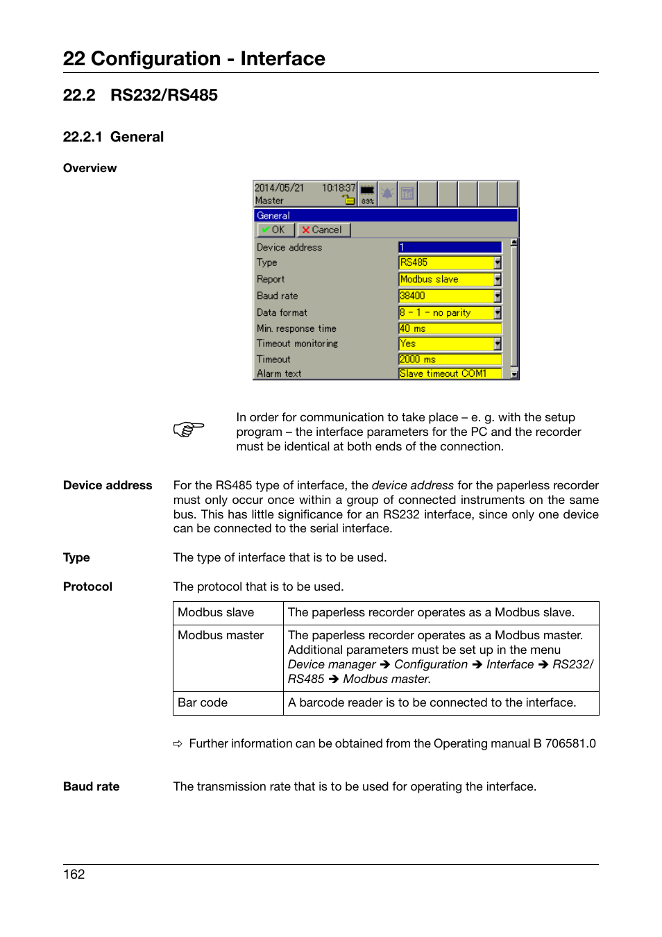 2 rs232/rs485, 1 general, Rs232/rs485 | Chapter 22.2 "rs232/rs485, 22 configuration - interface | JUMO 706581 LOGOSCREEN nt Operating Manual User Manual | Page 162 / 224