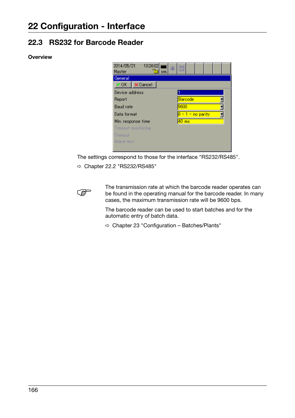 3 rs232 for barcode reader, Rs232 for barcode reader, Chapter 22.3 "rs232 for barcode reader | 22 configuration - interface | JUMO 706581 LOGOSCREEN nt Operating Manual User Manual | Page 166 / 224