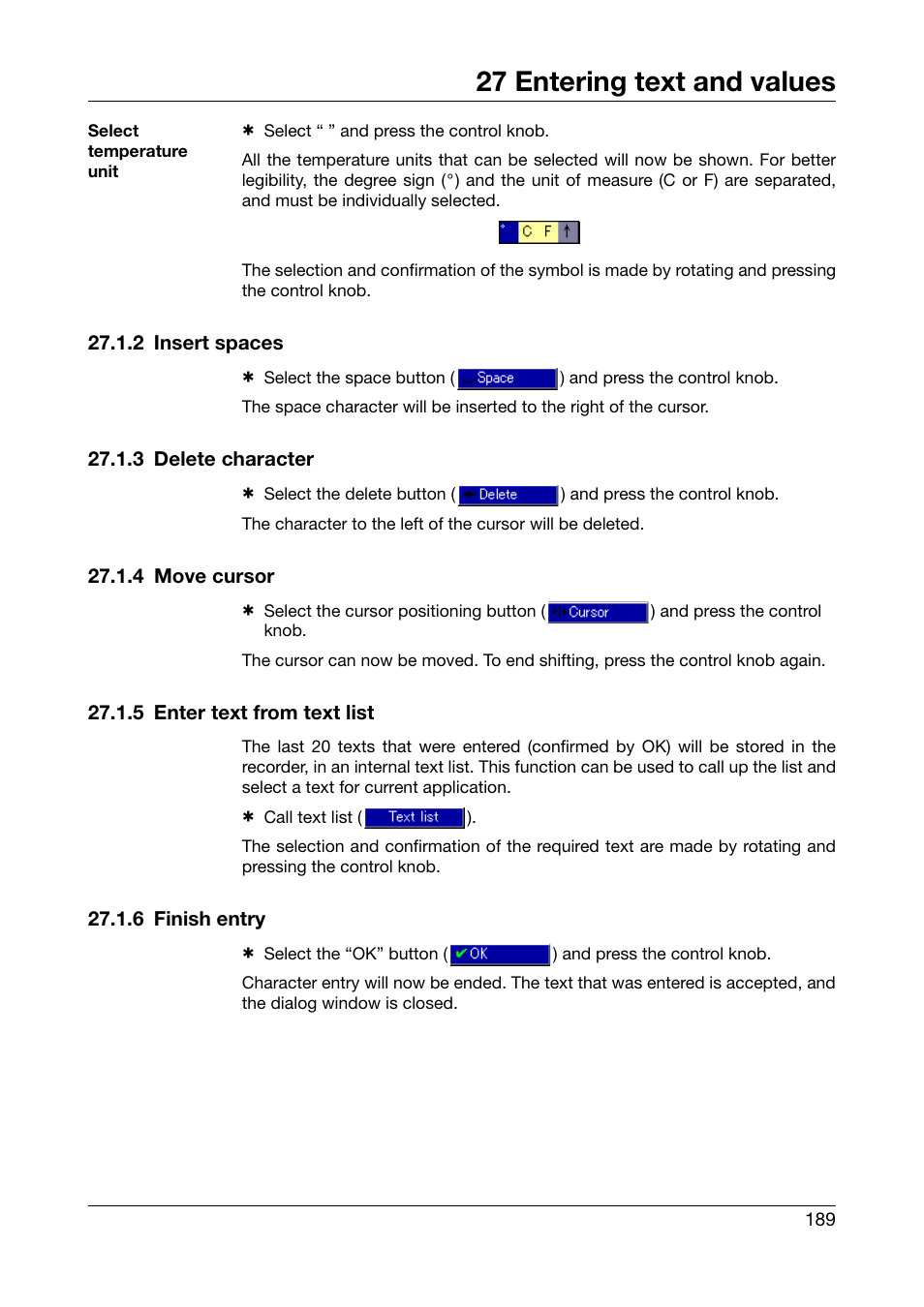 2 insert spaces, 3 delete character, 4 move cursor | 5 enter text from text list, 6 finish entry, 27 entering text and values | JUMO 706581 LOGOSCREEN nt Operating Manual User Manual | Page 189 / 224