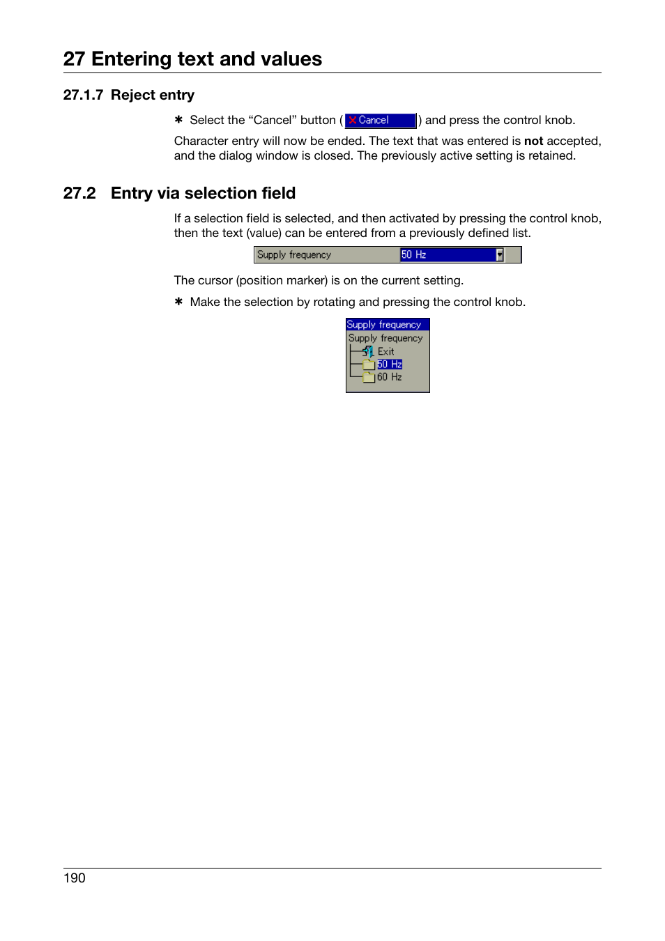 7 reject entry, 2 entry via selection field, Entry via selection field | 27 entering text and values | JUMO 706581 LOGOSCREEN nt Operating Manual User Manual | Page 190 / 224