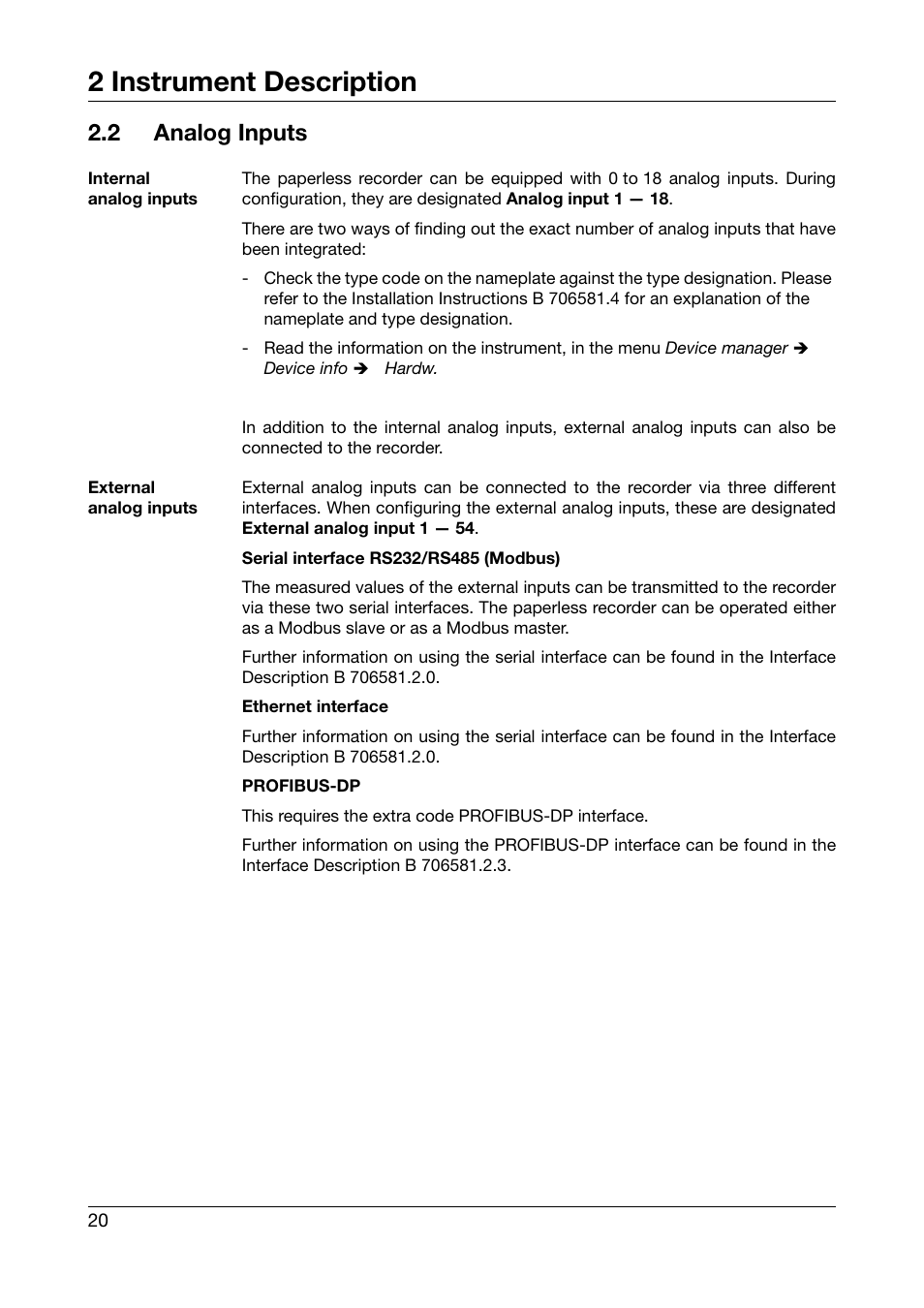 2 analog inputs, Analog inputs, 2 instrument description | JUMO 706581 LOGOSCREEN nt Operating Manual User Manual | Page 20 / 224